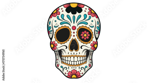 Ornate Mexican sugar skull with colorful floral patterns for the Dia de los Muertos celebration.