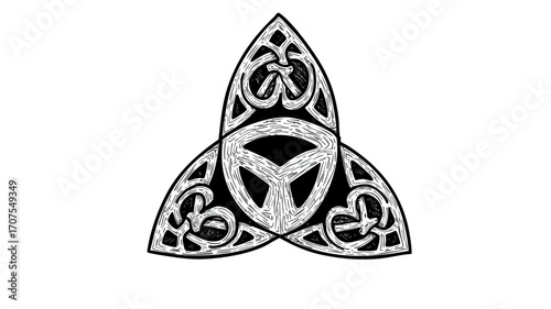A black and white hand-drawn illustration of an ornate Celtic Triquetra knot.
