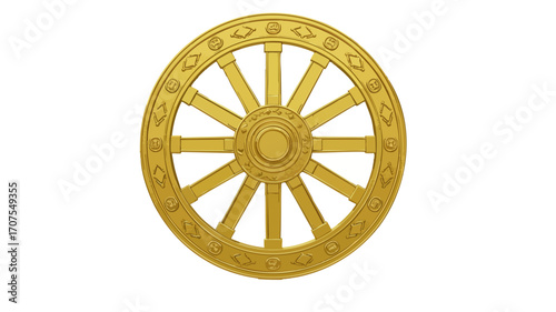 A golden Dharma wheel, a symbol of Buddhism, with intricate patterns on its rim and spokes.