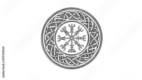 Vegvísir symbol surrounded by Celtic knotwork in a circular design.
