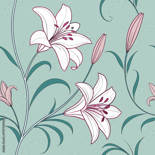 Vector art of graceful floral pattern showcasing lilies with delicate petals and winding stems on a serene green background, creating a sophisticated and timeless design for various applications
