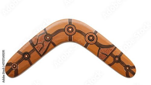 Wooden boomerang with intricate Aboriginal art design, showcasing traditional patterns and craftsmanship.