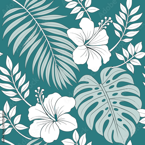 Vector art of a vibrant tropical pattern showcasing white hibiscus flowers, monstera leaves, and palm fronds against a teal backdrop, perfect for adding a touch of island paradise to any design