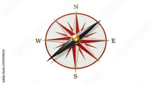 A classic navigational compass with a red and white rose, a black magnetic needle, and cardinal directions, isolated on a white background.