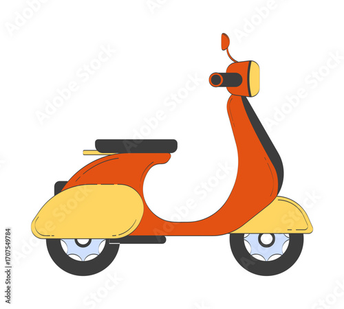 Retro scooter side view 2D doodle object. Vintage urban mobility and nostalgic transport. Italian style moped cartoon element flat vector clipart isolated on white background. Hand drawn illustration