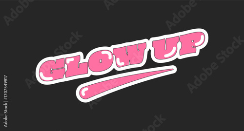 Glow up retro pink social media phrase. Positive transformation. Gen z makeover lingo. Improvement self. Trendy typography with swoosh underline. Online buzzword isolated on black. Oi font used