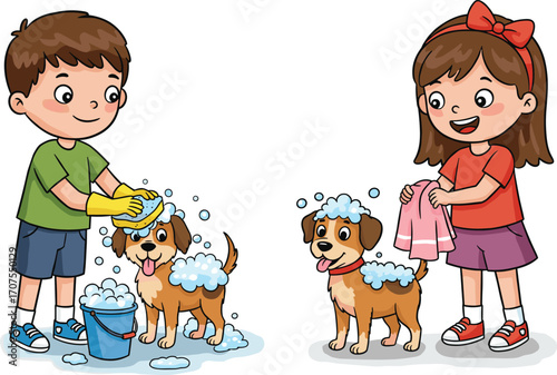 Cartoon boy and girl washing dogs with soap and water, happy kids helping clean pets, fun animal care vector illustration.