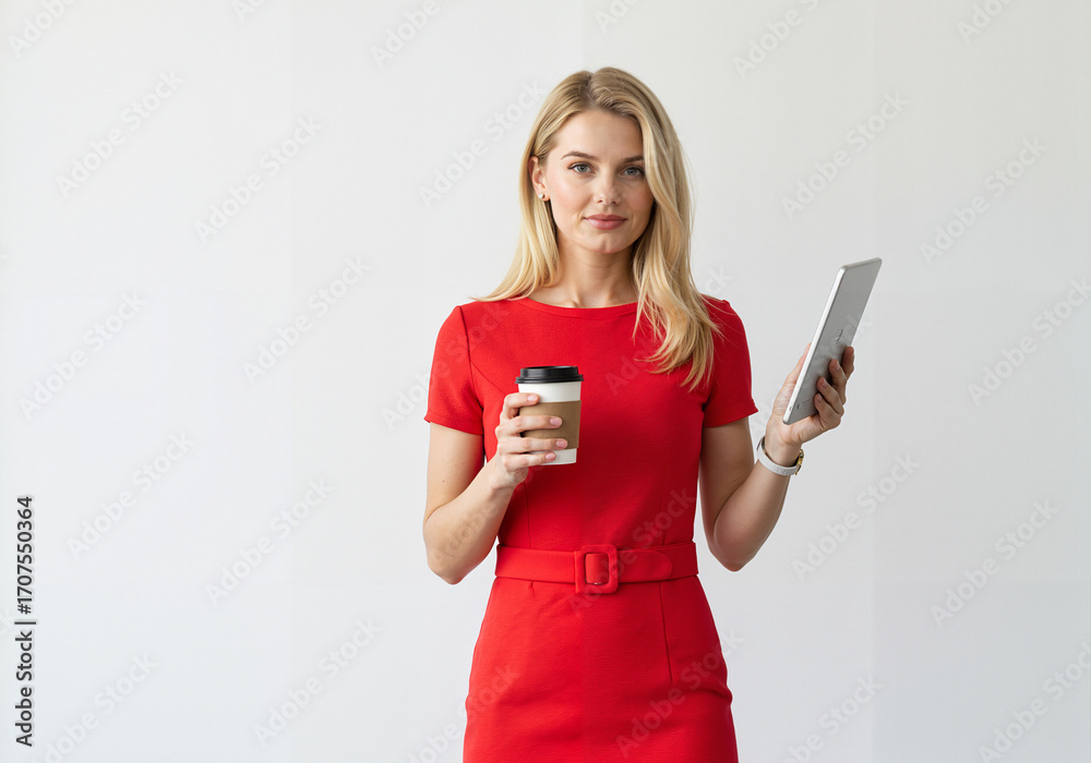 Naklejka premium Young woman in red dress holding coffee and tablet in office setting 