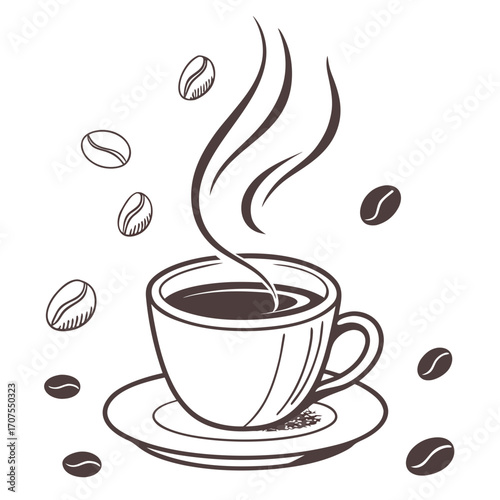Vector art of a delightful cup of coffee with steam rising, surrounded by scattered coffee beans, , creating a warm and inviting atmosphere for coffee lovers