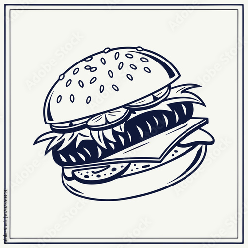 Vector art of monochrome illustration of a delicious burger with a sausage, cheese, lettuce, and tomato, perfect for fast food menus, posters, and promotional materials