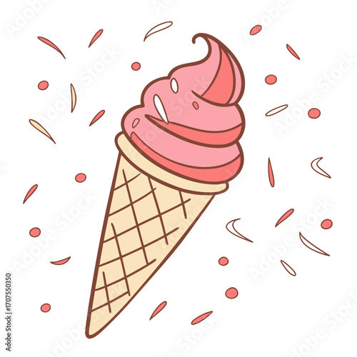 Vector art of a vibrant ice cream cone with a swirl of strawberry delight, surrounded by playful sprinkles, , capturing the essence of a fun and delicious summer treat