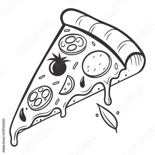 Vector art of a delectable slice of pizza, , rendered in a charming handdrawn style, showcasing melted cheese, pepperoni, tomato, and basil, perfect for culinary designs