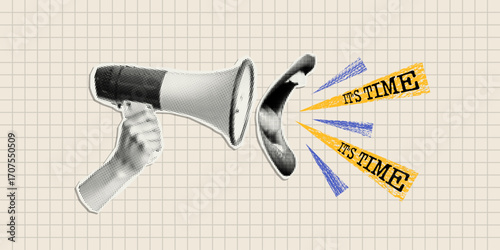 Loudspeaker with a screaming mouth in halftone effect. Collage concept time, time management, deadline.