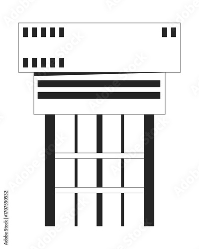 Offshore oil rig control building with support structure 2D line object. Elevated modular unit, industrial living quarters tower isolated clipart vector ink outline item. Monochrome spot illustration