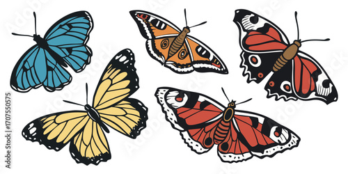 A collection of 16 realistic butterflies in various poses and angles, including top view with wings open, side views in mid-flight, and resting positions. Each butterfly has a unique wing shape and si