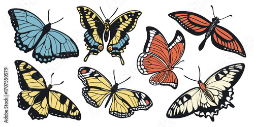 A collection of 16 realistic butterflies in various poses and angles, including top view with wings open, side views in mid-flight, and resting positions. Each butterfly has a unique wing shape and si