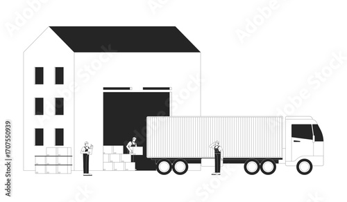 Warehouse outline illustration. Supply chain shipping. Logistics workers loading cardboard boxes into delivery truck 2D line faceless characters isolated on white. Monochrome vector ink linear image