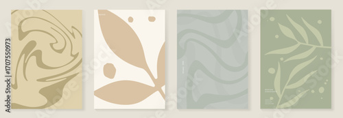 Abstract botanical poster vector set. Leaves, flower in earth tone colors. Illustration design for Eco packaging, interior, cover, wall art, wallpaper. 
