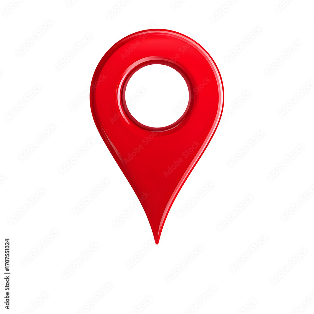Fototapeta premium A glossy 3D red map pin for city navigation, representing a destination point or location marker icon isolated on a white background