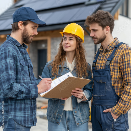  Contractor Presenting Energy Savings on Clipboard to Young Couple Outside Solar Home