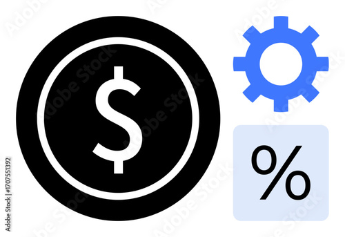 Black dollar coin, blue gear, and percentage sign visualizing financial planning, interest rates, economic settings, money management, analytics, banking, and investment in a simple flat metaphor