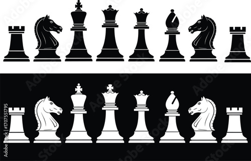Black and white silhouette of chess pieces, isolated vector illustration set, including king, queen, bishop, knight, rook, for strategy game design.