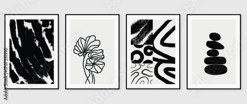 Abstract botanical poster vector set. Leaves, flower in monochrome. Illustration design for Eco packaging, interior, cover, wall art, wallpaper.