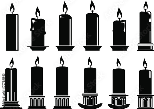 Black and white silhouette set of burning candles, different shapes and sizes for decor, spiritual, and ceremonial purposes, isolated vector illustrations.