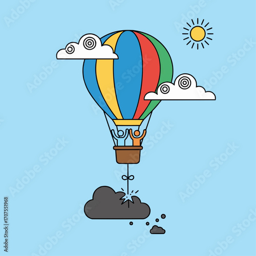 A hot air balloon lifting off as a dark, stormy cloud weight is cut away, symbolizing the release of burdens and anxiety.