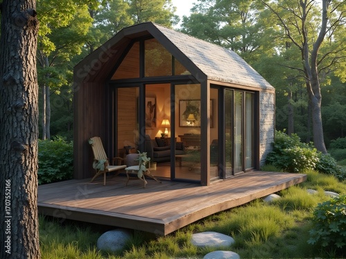 Smart home technology demonstration in eco-friendly wilderness cabin, in the woods