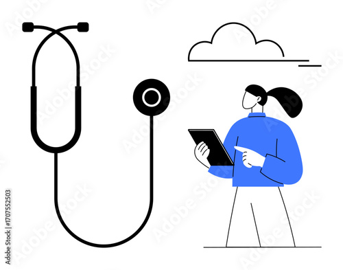 Healthcare worker holding a tablet next to a stethoscope and cloud. Ideal for medicine, telemedicine, innovation, technology, health monitoring, digital records, simple landing page