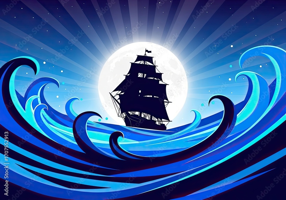 Naklejka premium Photo of a stylized tall ship sails through a wavy sea under a bright full moon, its dark silhouette contrasting with the vibrant blue waves and moonlit sky