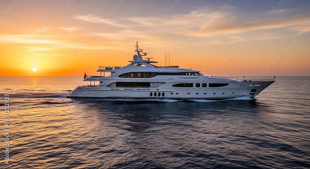 Fototapeta premium Luxury Yacht Cruising on Ocean Waters at Sunset with Warm Light in the Background