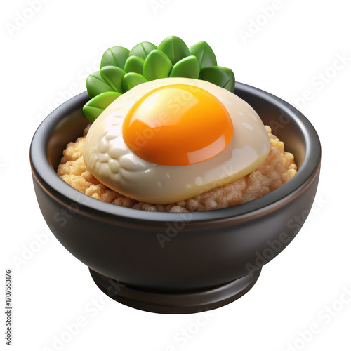 3d fried egg rice bowl with greens isolated on transparent background