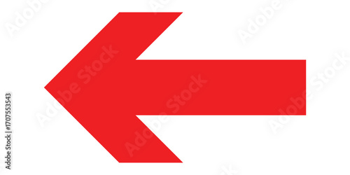 Red long isolated arrow on white background. Left side pointing arrow icon on white page. Isolated abstract arrowhead icons. Red isolated long arrow icons. Straight long arrowhead icon. EPS 10. 