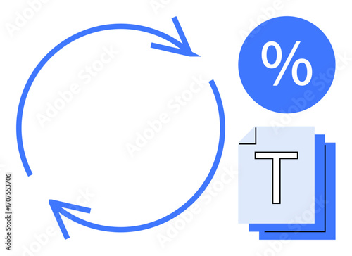 Circular arrows symbolizing iterative process, percentage sign, and stacked text document. Ideal for workflow, analytics, finance, productivity, report creation, evaluation simple landing page