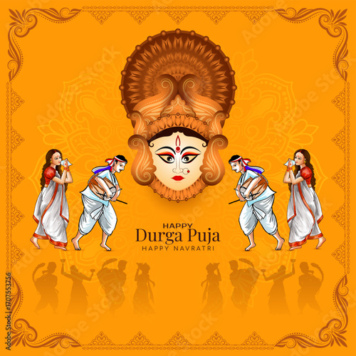 Happy Durga Puja and navratri traditional festival celebration card