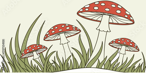 A collection of realistic Amanita muscaria mushrooms growing in a natural forest setting. The mushrooms have bright red caps with distinctive white spots and thick white stems. Some are fully grown wh