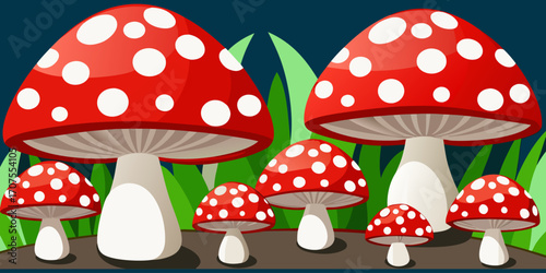 A collection of realistic Amanita muscaria mushrooms growing in a natural forest setting. The mushrooms have bright red caps with distinctive white spots and thick white stems. Some are fully grown wh