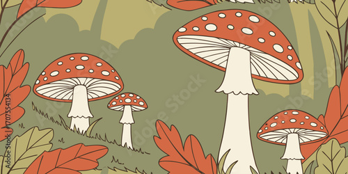 A collection of realistic Amanita muscaria mushrooms growing in a natural forest setting. The mushrooms have bright red caps with distinctive white spots and thick white stems. Some are fully grown wh