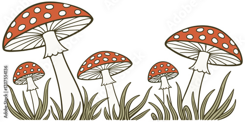 A collection of realistic Amanita muscaria mushrooms growing in a natural forest setting. The mushrooms have bright red caps with distinctive white spots and thick white stems. Some are fully grown wh