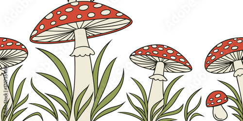 A collection of realistic Amanita muscaria mushrooms growing in a natural forest setting. The mushrooms have bright red caps with distinctive white spots and thick white stems. Some are fully grown wh