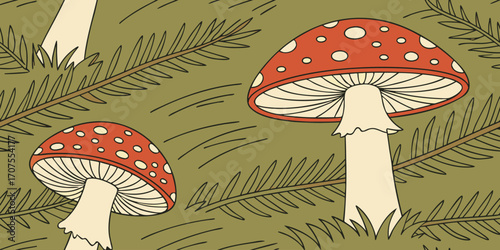 A collection of realistic Amanita muscaria mushrooms growing in a natural forest setting. The mushrooms have bright red caps with distinctive white spots and thick white stems. Some are fully grown wh