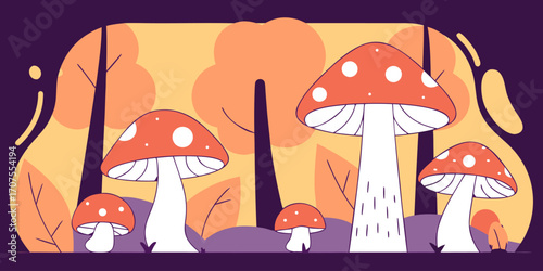 A collection of realistic Amanita muscaria mushrooms growing in a natural forest setting. The mushrooms have bright red caps with distinctive white spots and thick white stems. Some are fully grown wh