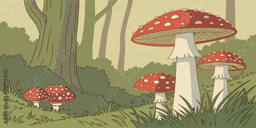 A collection of realistic Amanita muscaria mushrooms growing in a natural forest setting. The mushrooms have bright red caps with distinctive white spots and thick white stems. Some are fully grown wh
