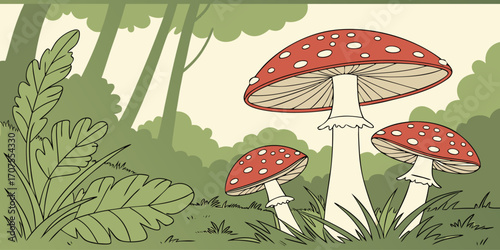 A collection of realistic Amanita muscaria mushrooms growing in a natural forest setting. The mushrooms have bright red caps with distinctive white spots and thick white stems. Some are fully grown wh