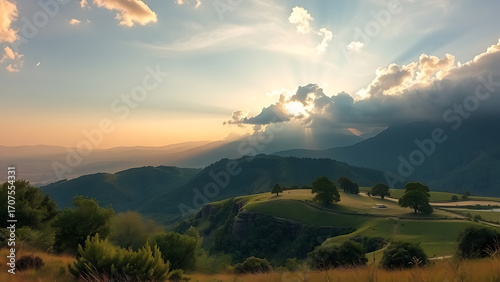 Beautiful rays of sun shine through the clouds over a vast mountain landscape, creating a dramatic and hopeful scene.