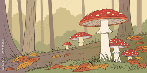 A collection of realistic Amanita muscaria mushrooms growing in a natural forest setting. The mushrooms have bright red caps with distinctive white spots and thick white stems. Some are fully grown wh
