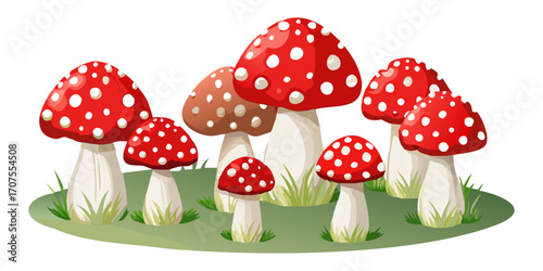 A collection of realistic Amanita muscaria mushrooms growing in a natural forest setting. The mushrooms have bright red caps with distinctive white spots and thick white stems. Some are fully grown wh