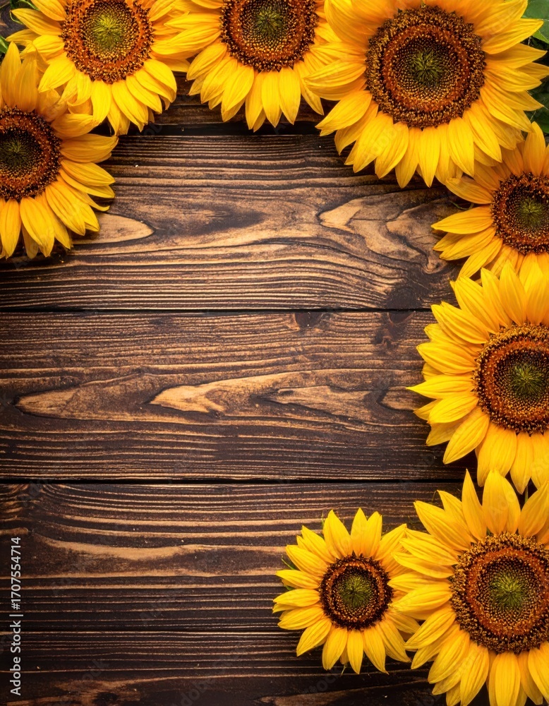 Obraz premium Sunflowers arranged in a border pattern around a dark wood background create a rustic, warm, inviting visual space